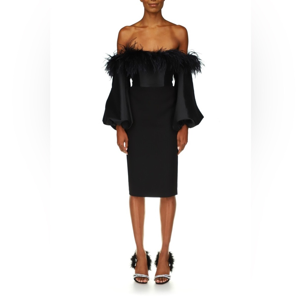 Badgley Mischka Feather Trim Off-The-Shoulder Cocktail Dress